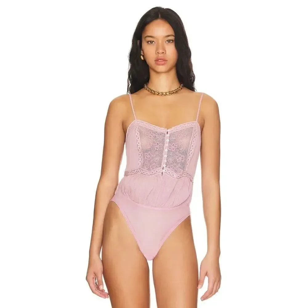 NWT Free People Still the One Lace Trim Cotton Bodysuit in La Fleur, Size XS